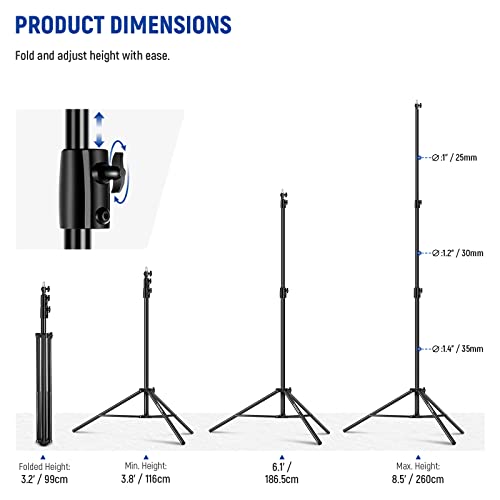 NEEWER 8.5ft/2.6m Air Cushioned Light Stand, Heavy Duty Metal Photography Tripod Stand with 1/4" to 3/8" Reversible Spigot, 3 Way Mounting Interface & Metal Locking Knobs, Max Load 5.5lb/2.5kg - size: 260cm