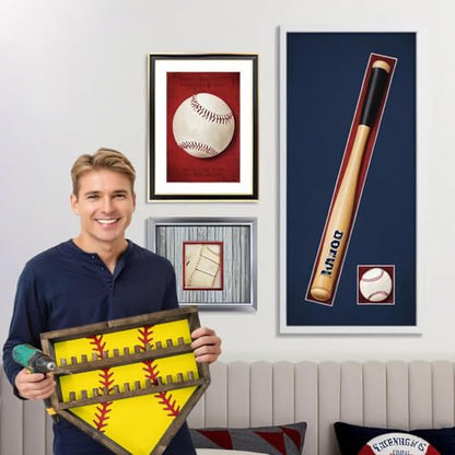 Baseball Softball Basketball Ring Holder - 24 Ring Post Wooden Display Case for Sports Medals - Wall Mount (Yellow) - color: Yellow