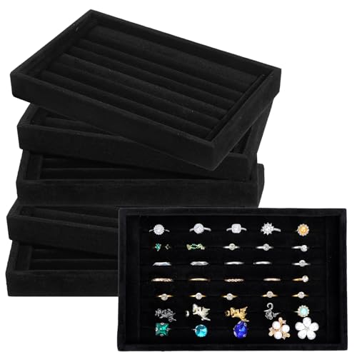 MAQUITA 6 Pcs Jewelry Ring Tray 7 Slots Ring Organizer Stackable Holder for Jewelry Display Drawer Insert for Dresser Earring, Black