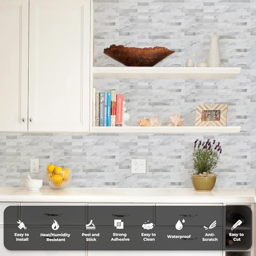 STICKGOO Peel and Stick Backsplash, PVC Wall Tiles Stick on Backsplash for Kitchen(10 Sheets, White Marble with Metal Silver) - color: White Marble with Metal Silver