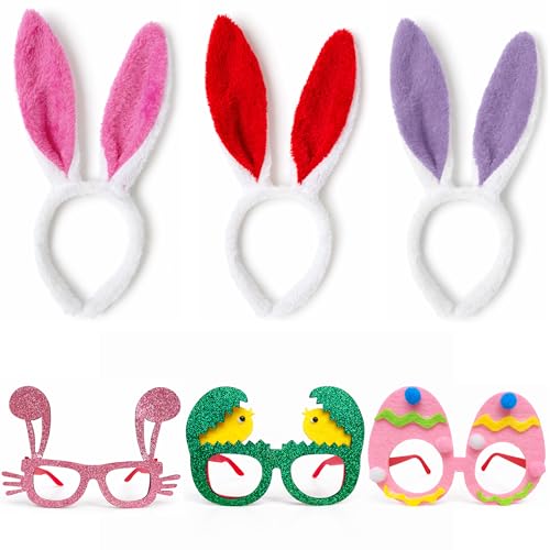 Easter Headbands and Glasses Set, 6PCS Bunny Ear Headbands & Funny Easter Glasses, Cute Photo Props for Easter - color: A