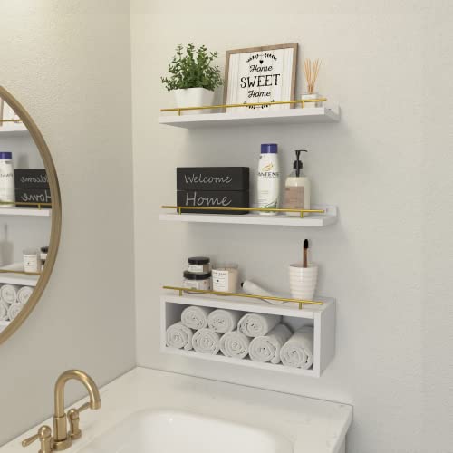 WOPITUES Floating Shelves for Wall with Cube Shelf, Wall Shelves with Metal Rail for Decor, Bathroom Organizers and Storage, Over Toilet Shelves for Bathroom, Toilet Paper-White&Gold - color: Gold & White, size: 15.7 inch