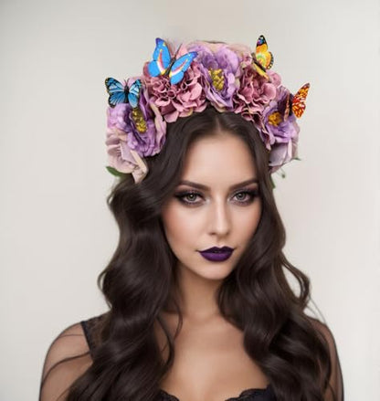 Elegant Butterfly Flower Headband for Women Boho Handmade Rose Floral Crown Wedding Bridal Festivals Cosplay Prom Photo Props Headpiece (B4 purple, Adjustable) - color: B4 purple