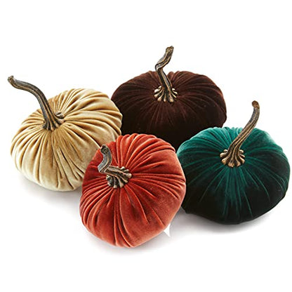 Your Heart's Content Set of 4 Small Velvet Pumpkins, Handmade Mantle Decor, Autumn Pumpkin Arrangements, Thanksgiving Centerpiece, Rustic Fall Wedding Centerpiece (Harvest, Gold, Emerald, Brown) - color: Harvest, Gold, Emerald, Brown