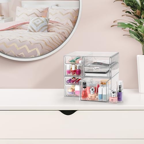 Sorbus Makeup Organizer With 7 Drawers, Acrylic Drawer Organizer for Makeup, Office Organization and Storage, Art Supplies, Jewelry, Stationary - 2 Pcs Clear Stackable Storage Bins Organizer Drawers - size: 7 Drawers