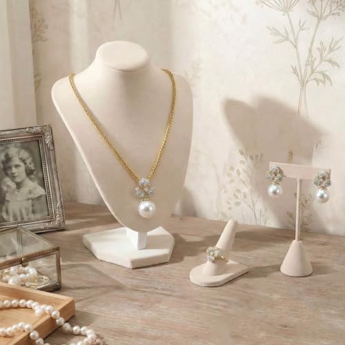Wenqik 3 Pcs Velvet Jewelry Display Set Velvet Necklace Bust Holder T Shape Earring Stand Ring Finger Jewelry Holder (Linen) - color: Linen
