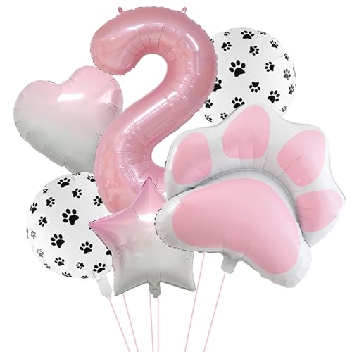 2nd Birthday Dog Paw Balloons Set,18'' Paw Prints, Heart,Star,Paw Shaped Foil Balloon 40 Inch Pink Number 2 Helium balloons for Puppy Themed Baby Shower Second Birthday Party Decorations Supplies 6PCS - color: Pink-2
