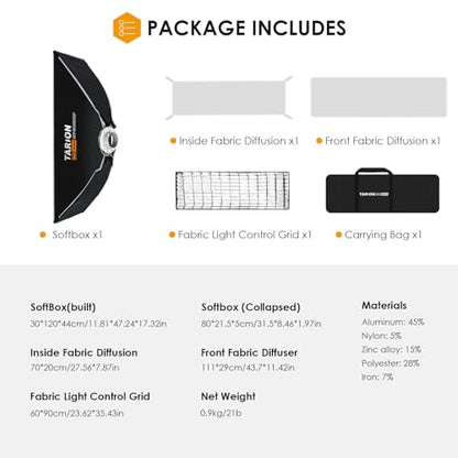 TARION 11.8"x47.2" Quick Release Strip Softbox - Foldable Bowens Mount Softbox with Diffusers/Honeycomb Grid/Carrying Bag for Live Streaming, Photography, Videography (SQ-30120F) - size: 11.8x47.2 in (30x120cm)