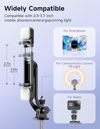 53'' Selfie Stick Tripod with Light, Extendable Selfie Stick with Remote, Portable Cell Phone Tripod Stand with All in 1 Phone Clip, Lightweight Camera Tripod Compatible with iPhone 17 16 15, Android - color: Black
