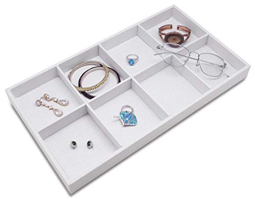The Display Guys - Stackable Jewelry Tray and Organizer - for Drawers, Dressers, Store Display (8 Compartments, White Burlap) - color: Burlap White, size: 8 Compartments