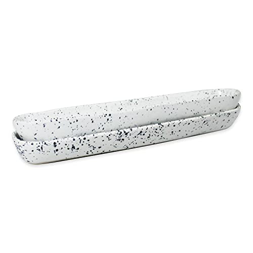 roro Ceramic Stoneware Hand-Molded Speckled Spotted Relish Plate (Olive Boat Tray Set of 2, White)