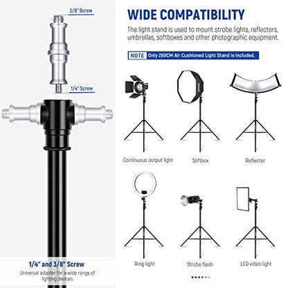 NEEWER 8.5ft/2.6m Air Cushioned Light Stand, Heavy Duty Metal Photography Tripod Stand with 1/4" to 3/8" Reversible Spigot, 3 Way Mounting Interface & Metal Locking Knobs, Max Load 5.5lb/2.5kg - size: 260cm