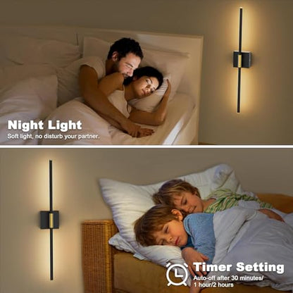 SAIMAND Wall Sconces Set of 2 Battery Operated, Wireless USB Rechargeable Wall Lights with Remote Control, 360° Rotation, 8000mAh LED Dimmable Picture Lamp for Living Room,Bedroom,Hallway (30in Black) - color: Black