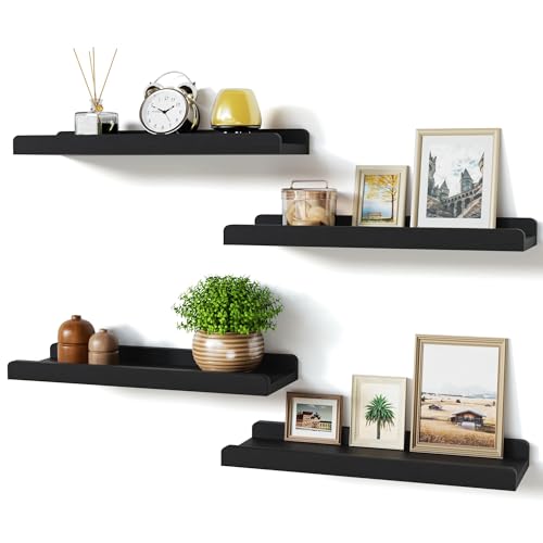Love-KANKEI Black Floating Shelves for Wall Set of 4, Wood Wall Shelves with Lip,15.6 Inch Rustic Hanging Shelves for Bedroom Bathroom Living Room Kitchen Nursery Display - color: Black, size: 15.6 inch