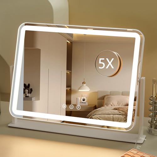 HIEEY Vanity Mirror with Lights, 13.5" x 17.4" Makeup Mirror with Lights, Three Color Lighting Modes, and 5X Magnification Mirror, Smart Touch Control, 360°Rotation (White,Gift Box) - style: 13.5" x 17.4" (96 LED)