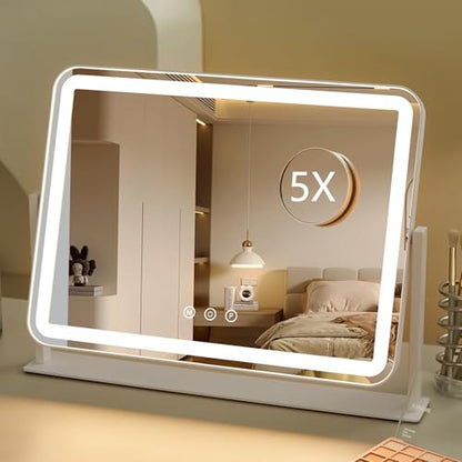 HIEEY Vanity Mirror with Lights, 13.5" x 17.4" Makeup Mirror with Lights, Three Color Lighting Modes, and 5X Magnification Mirror, Smart Touch Control, 360°Rotation (White,Gift Box) - style: 13.5" x 17.4" (96 LED)