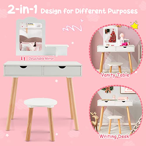 Costzon Kids Vanity Set, Girls Vanity Set with Mirror and Stool, 2 Large Drawers, Storage Shelf, Wooden Princess Makeup Dressing Table, Pretend Play Vanity Table and Chair Set for Toddlers, White - style: White with Square Mirror