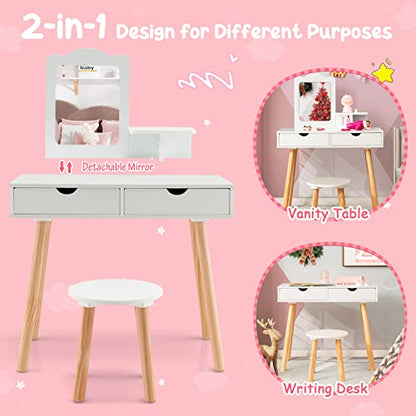 Costzon Kids Vanity Set, Girls Vanity Set with Mirror and Stool, 2 Large Drawers, Storage Shelf, Wooden Princess Makeup Dressing Table, Pretend Play Vanity Table and Chair Set for Toddlers, White - style: White with Square Mirror