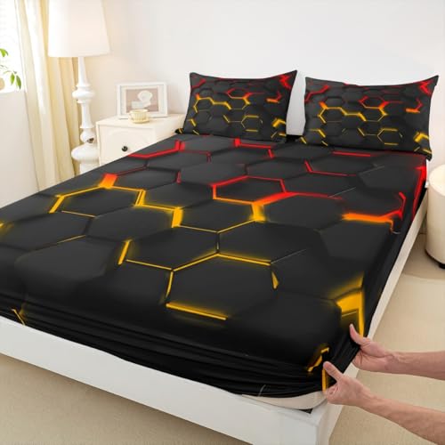Manfei Honeycomb Fitted Sheet Twin Size, Geometric Hexagon Bedding Set, Abstract Red Yellow Bed Cover with 1 Pillowcase, Kids Girls Room Decor, Soft Polyester Bedding(No Top Sheet) - color: Black Red Yellow, size: TWIN (W39*L75*H16")