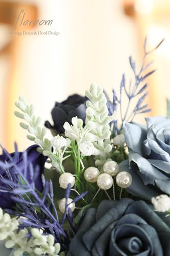 Floroom Artificial Greenery Stems Box Set, 59pcs with 8 Kinds of Faux Greenery Flowers Picks for DIY Bridal Bouquets Wedding Floral Arrangement Table Centerpieces, Navy & Dusty Blue - color: Navy & Dusty Blue