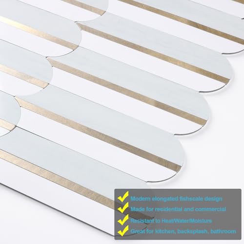 OYAISIMI 10 Sheets Seamless Peel and Stick Backsplash Tile for Kitchen,Polished White and Dolomite PVC Mixed Light Gold Self Adhesive Fish Scale Metal Mosaic Tiles - color: Glossy Dolomite+Glossy White+Light Gold