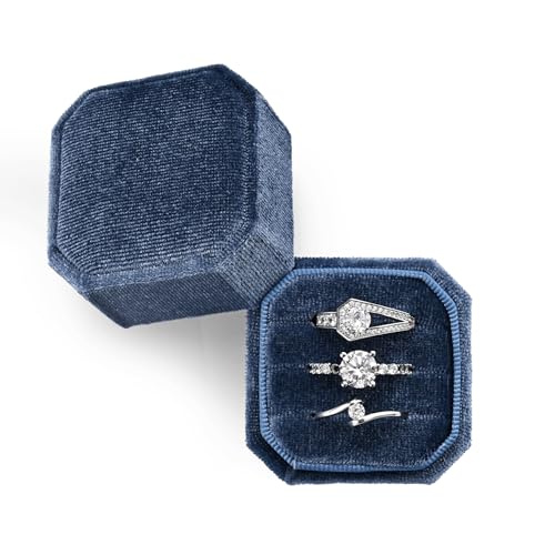 3 Slots Ring Box Velvet Ring Gift Box Wedding Day For Proposal, Engagement, Wedding, Mother's Day, Valentine's Day (Blue) - color: Blue