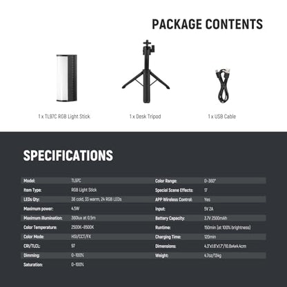 NEEWER Magnetic Handheld Light Wand with Desk Tripod, 17 Scenes, APP Control 360° Full RGB Mini LED Video Lighting Stick, 2500K-8500K Dimmable CRI97 for Photography Vlog TikTok, 2550mAh Battery, TL97C