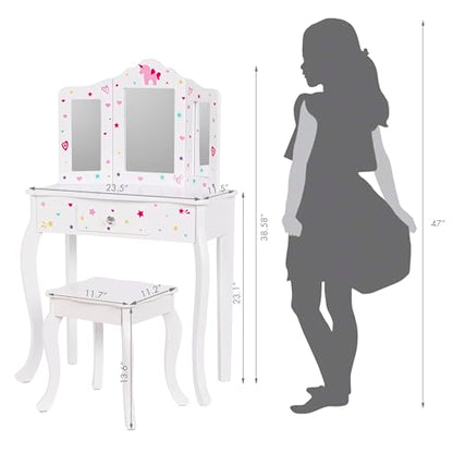 UTEX Kids Vanity Table and Chair Vanity Set with Mirror Makeup Dressing Table with Drawer, Play Vanity Set,White - style: White-Unicorn