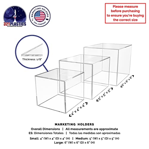 2 Pack Acrylic Display Riser Boxes 3 Piece Clear Retail Product Riser 4", 5", 6" High Nesting Bins One Open Side No Lid Merchandise Storage Box by Marketing Holders - size: Set of 3 Clear