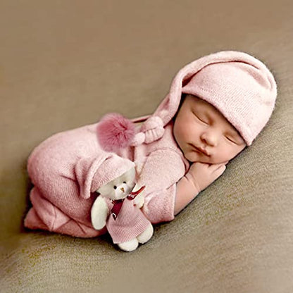 Newborn Baby Photo Shoot Props Girl Boy Crochet Knit Hat Costume Stripe Hat Pants Overalls Photography Props - color: Pink
