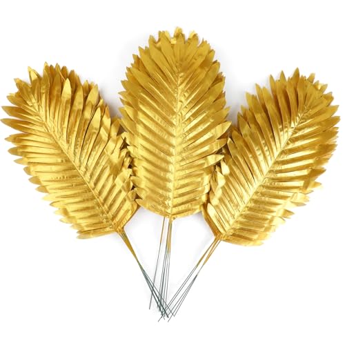 CCINEE 16 PCS Artificial Palm Leaves, Golden Faux Large Palm Fronds Fake Tropical Plant Simulation Safari Leaves with Stems for Home Hawaiian Luau Party Jungle Beach Theme Party Decoration - color: Gold/16pcs