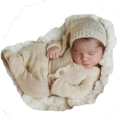 Newborn Photography Prop Baby Boys Girls Photoshoot Outfits Newborn Photo Knitted Romper Sleepy Hat Picture Outfit - color: Beige