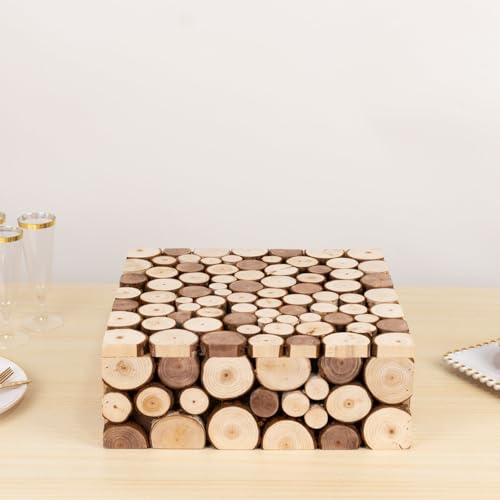 Efavormart 14x14 inch Natural Wooden Slices Square Dessert Stand, Compact Rustic Farmhouse Pedestal Riser with Hollow Bottom for Intimate Celebrations - size: 14"