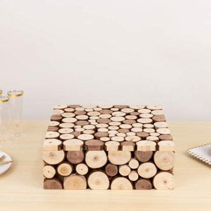 Efavormart 14x14 inch Natural Wooden Slices Square Dessert Stand, Compact Rustic Farmhouse Pedestal Riser with Hollow Bottom for Intimate Celebrations - size: 14"