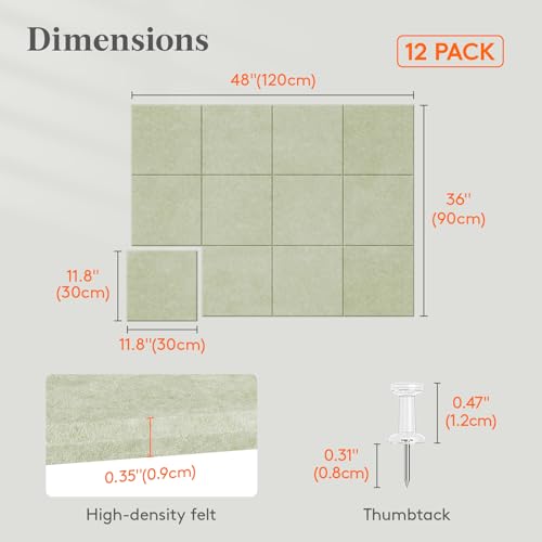 Lifewit 48"x 36" Felt Bulletin Board with Self-Adhesive, 12 Pack Cork Board Alternative for Walls, Large Pin Board Vision Board Message Board with 50 Pushpins for Office Decor, Room Decor, Sage - color: Sage, size: Square Stripe 12-pack