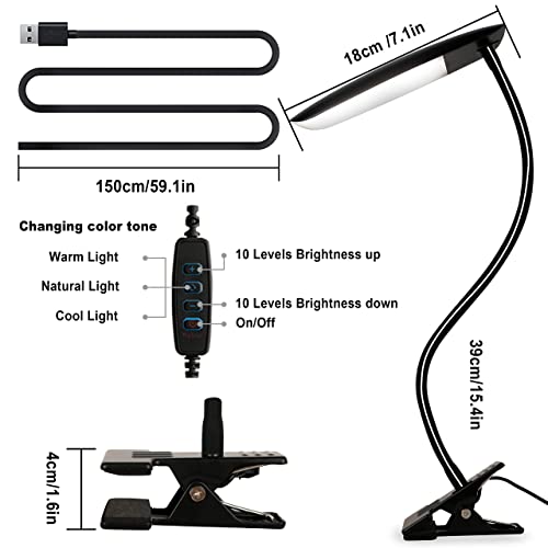 LiFMIRA Clip on Lamp USB Reading Light 3 Color Modes 3000-6000K and 10 Brightness 8W 40 LED Flexible Gooseneck Desk Light Clip on Lamp for Desk Eye Caring Bed Lamp for Headboard (No Plug) - color: Matt Black