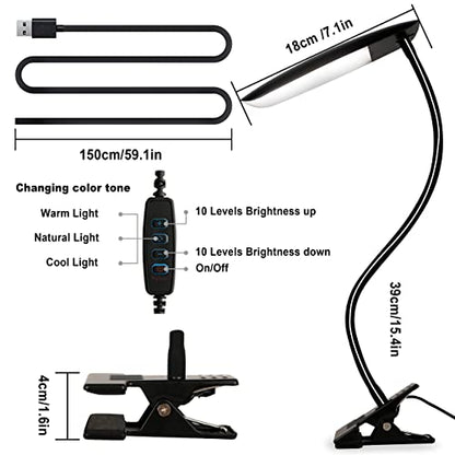 LiFMIRA Clip on Lamp USB Reading Light 3 Color Modes 3000-6000K and 10 Brightness 8W 40 LED Flexible Gooseneck Desk Light Clip on Lamp for Desk Eye Caring Bed Lamp for Headboard (No Plug) - color: Matt Black