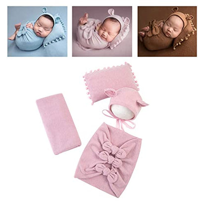 Newborn Baby Boy Girl Photography Props Bow Wrap, Posing Aid, Hat and Blanket Set of 4 Pcs - color: Middle Pink
