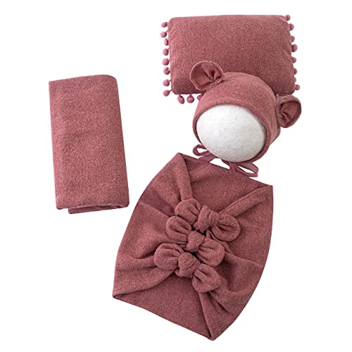 Newborn Baby Boy Girl Photography Props Bow Wrap, Posing Aid, Hat and Blanket Set of 4 Pcs - color: Dark Pink