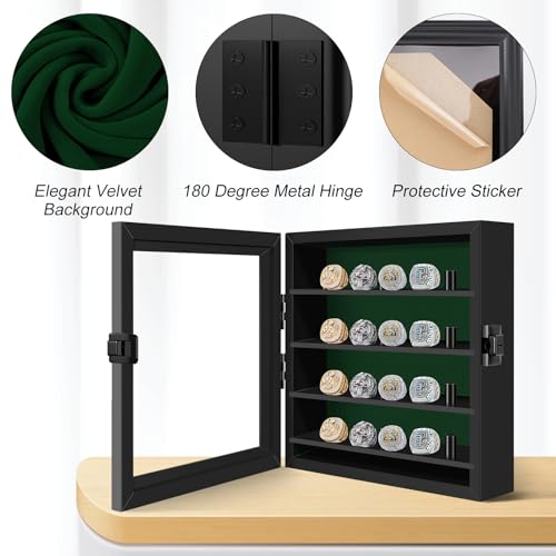 Championship Ring Display Case, Lockable Baseball Ring Holder with 20 Posts, Wooden Shadow Box Wall Mount for Multiple Rings - size: 20 Posts-Rectangle