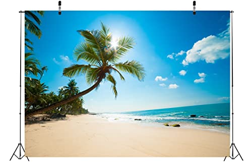 BELECO 20x10ft Fabric Tropical Beach Backdrop Tropical Sand Beach with Palm Trees Ocean Summer Hawaii Phtography Backdrop for Luau Party Decoration Birthday Banner Photoshoot Photo Background Props - size: 20x10FT