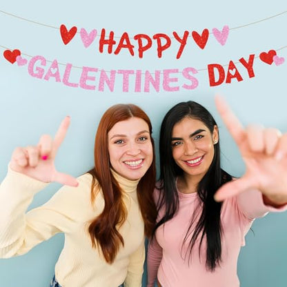 Happy Galentine’s Day Decorations Pre-Assembled Red Glittery Heart Banner Valentines Day Sign Ladies Girls Birthday Party Photo Prop Supplies