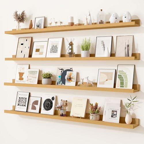 Heimlove Picture Ledge Shelf,48 inch Long Floating Shelves for Wall Set of 4,Picture Shelf with Lip for Wall Decor,Living Room,Bedroom,Bookshelf,Nursery,Perfume,Oak Color - color: Natural Oak, size: 48'', Set of 4