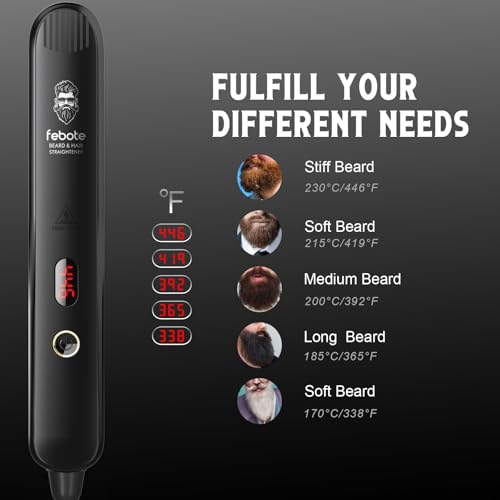 Heated Ionic Hair Straightening Brush for Men - 5 Temperature Settings, Anti-Scald, Beard Shaper & Travel Bag - color: Black