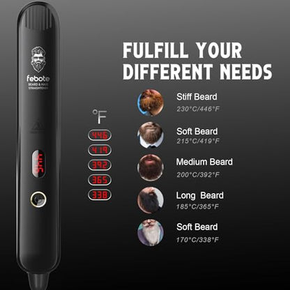 Heated Ionic Hair Straightening Brush for Men - 5 Temperature Settings, Anti-Scald, Beard Shaper & Travel Bag - color: Black