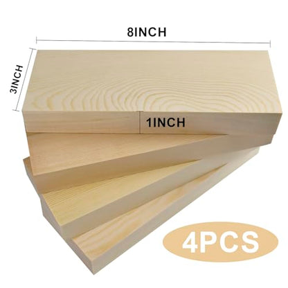 3X8X1 Inch Solid Wood Carving Blocks, 4 Pcs Wooden Art Block, Unfinished Wood Blocks for Art and Crafts DIY Carving Whittling for Adults Beginner Experts - size: 3x8x1 Inch