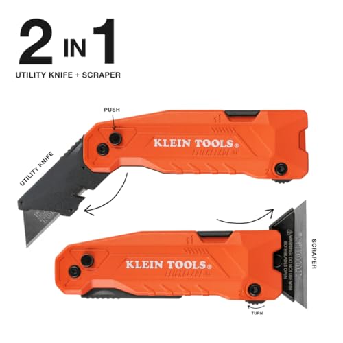 Klein Tools 44306 FLICKBLADE 2-in-1 Folding Utility Knife and Scraper with Built-In Blade Storage, Dual Locking Positions, Includes 3 Triple-Ground Carbon Steel Blades - style: Flickblade w/ Scraper