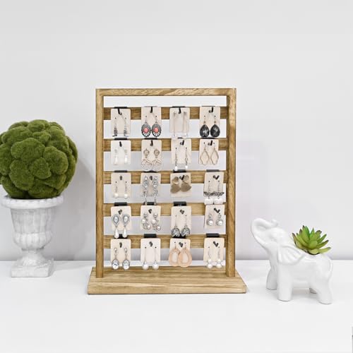 Ikee Design Wooden Jewelry Display Rack with 20 Removable Metal Hooks, Earring Card Display Holder Stand for Earring Cards, Necklaces, Bracelet, Keychain Stand, Oak Color - color: 4) Oak
