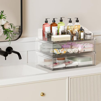 Clear Stackable Makeup Organizer with Drawer, 12''W Acrylic Storage Drawers, Cosmetic Display Case for Vanity Bathroom Countertop, Beauty Holder for Lipstick Brush Skincare Perfume - size: 3 Pack