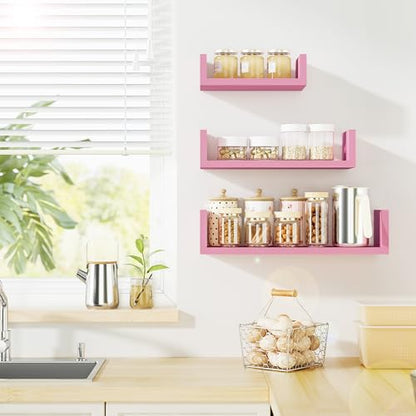 SRIWATANA Floating Shelves Wall Mounted, Solid Wood Wall Shelves, Pink - color: Pink